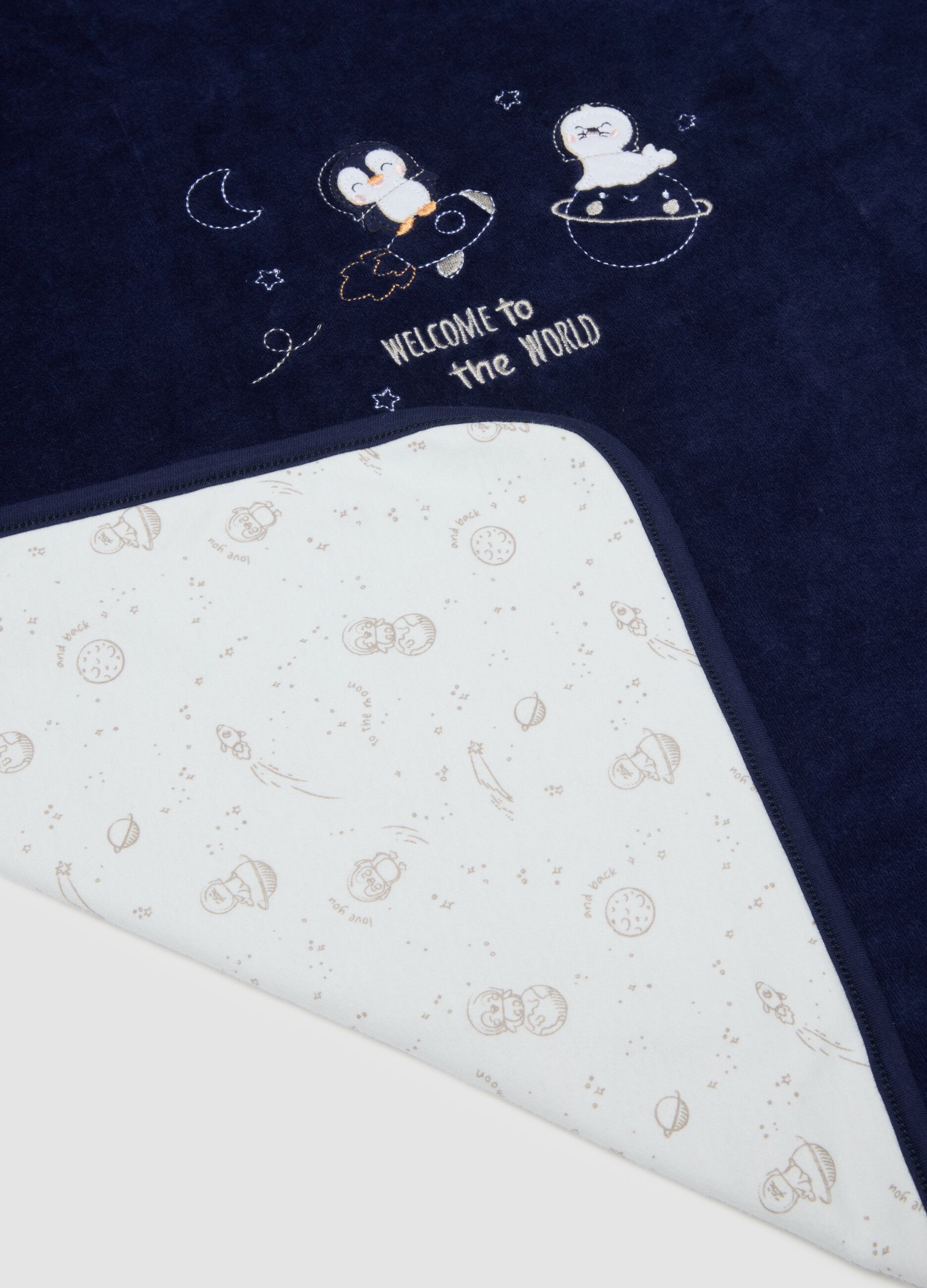 Blue organic cotton-blend baby blanket with print