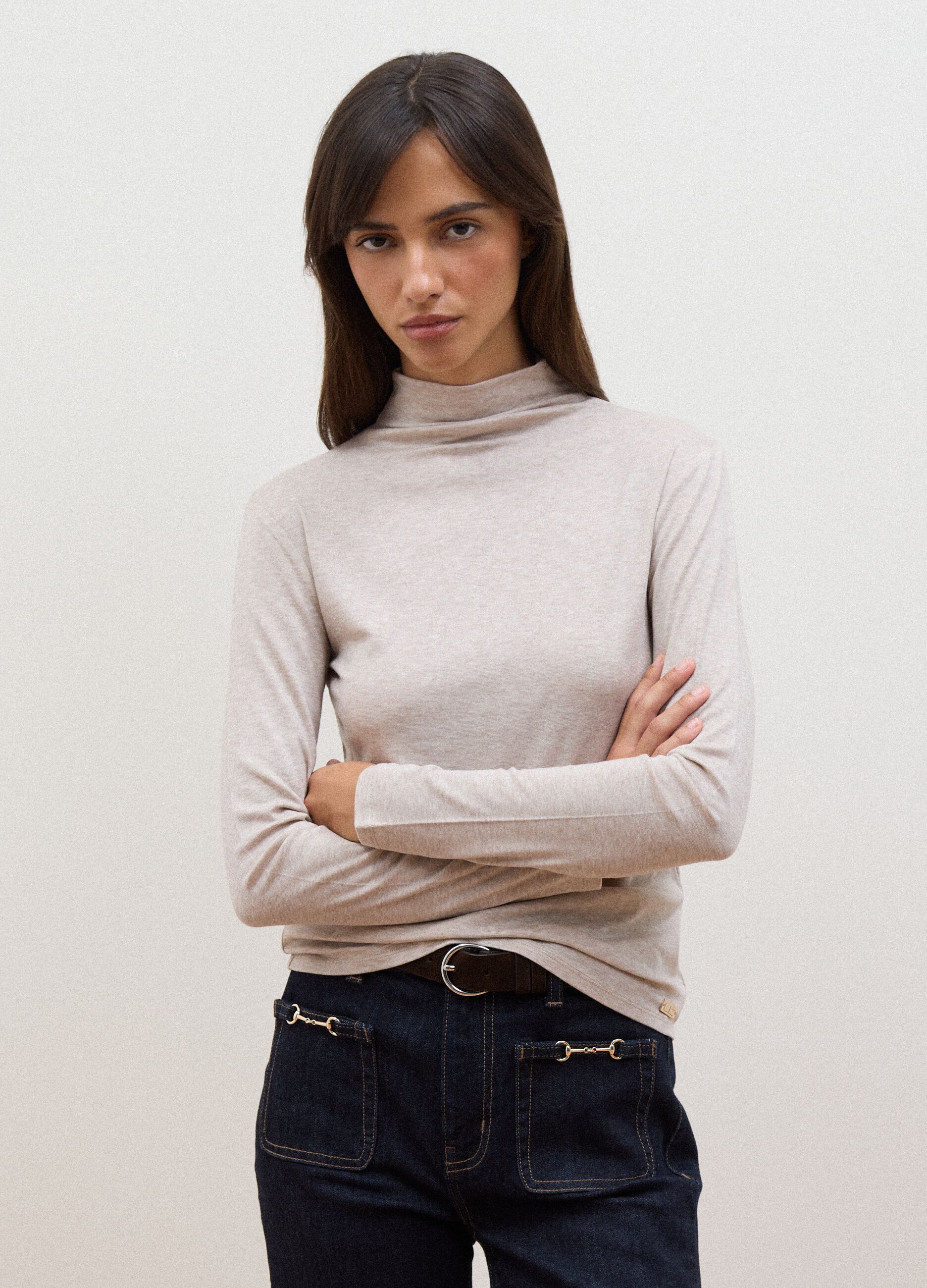 Beige lyocell and stretch wool mock-neck T-shirt, regular fit
