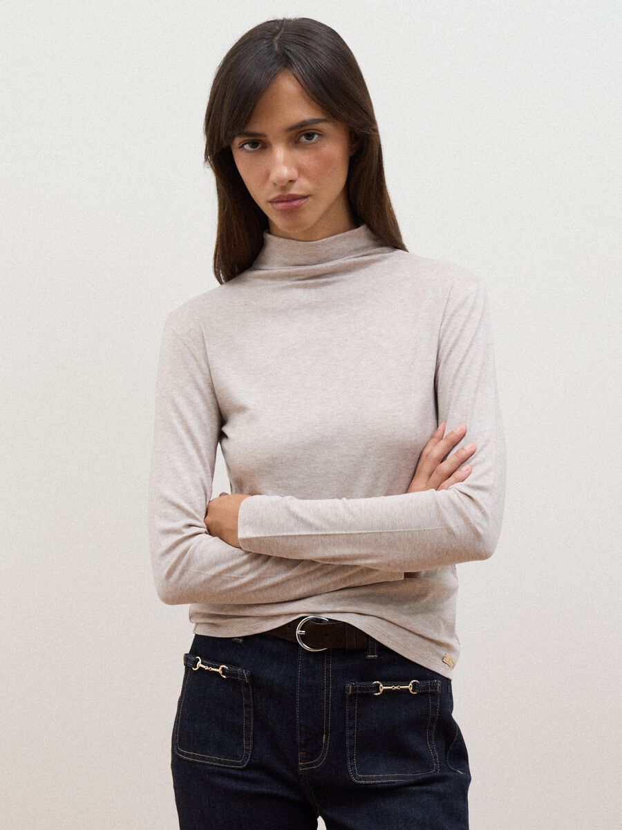 Beige lyocell and stretch wool mock-neck T-shirt, regular fit_0