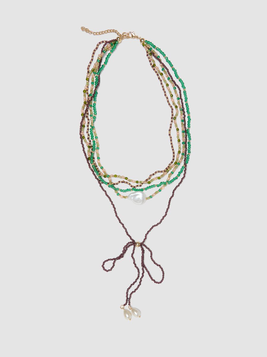 Multicolour multi-strand necklace with dangling pearls_0