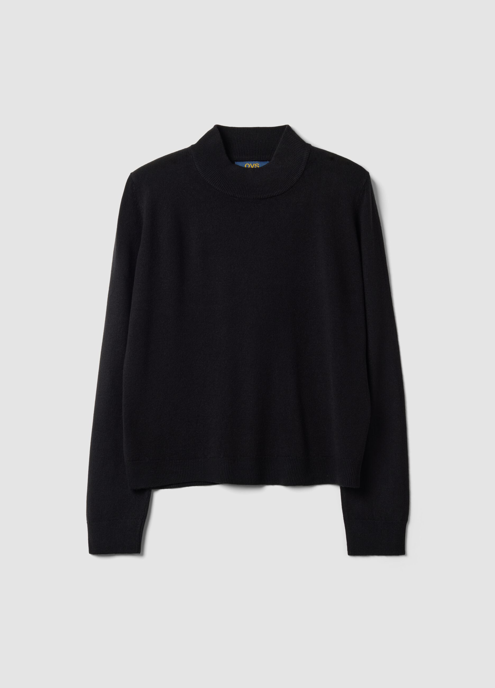Black long-sleeve top with raised neckline, regular fit