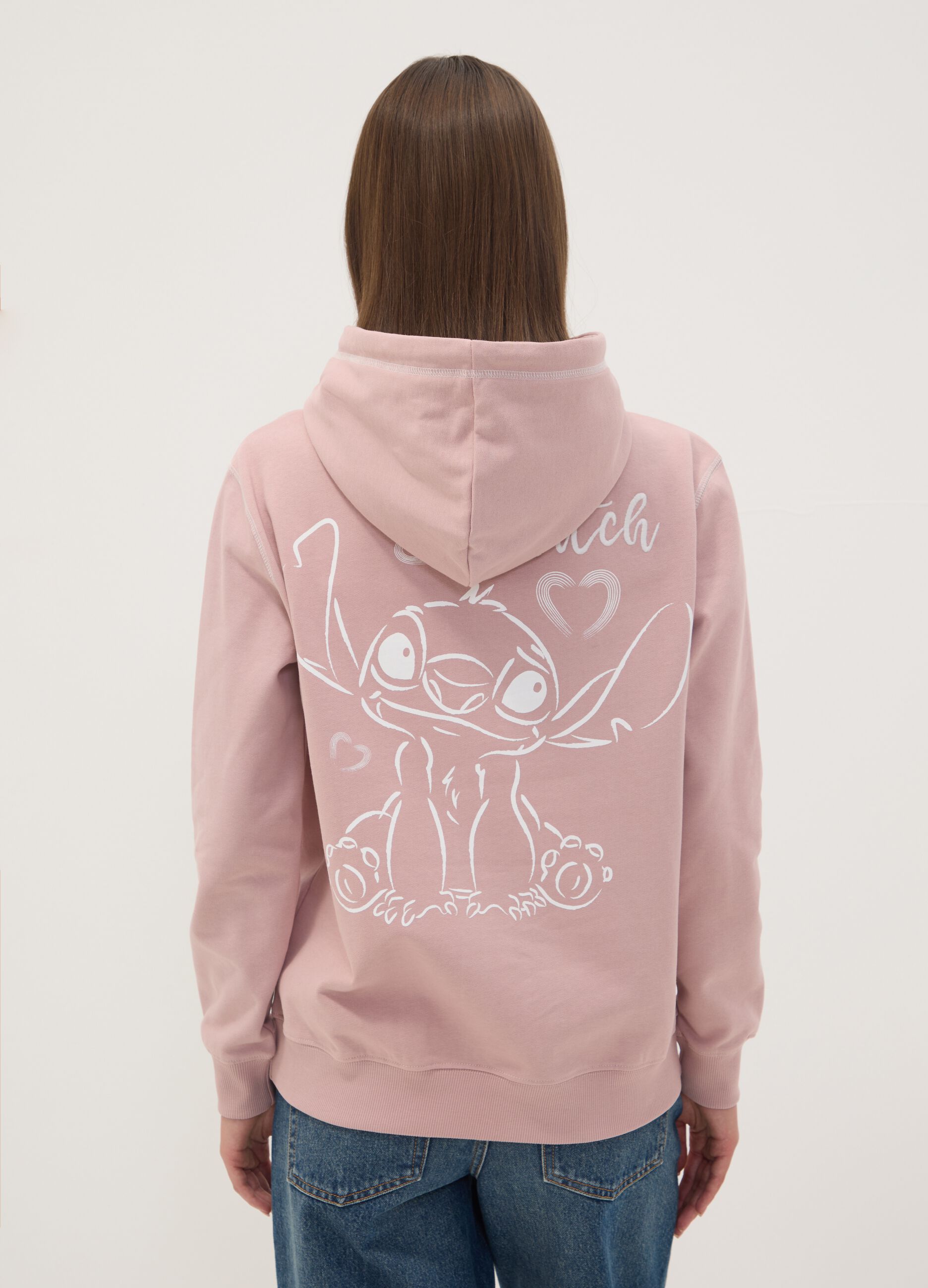 Pink hooded sweatshirt in pure cotton with Lilo & Stitch print