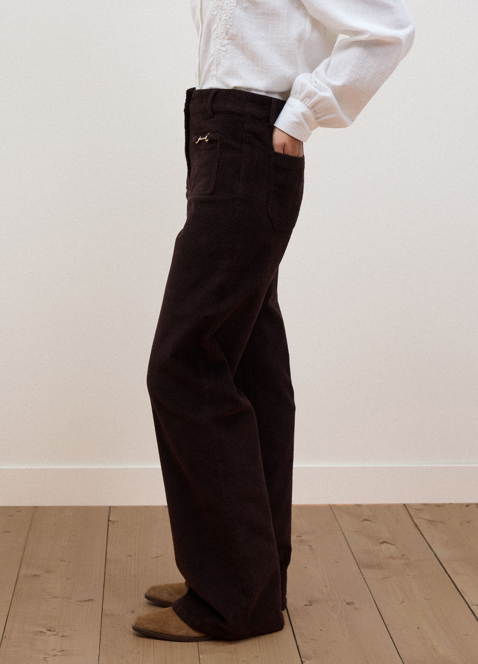 Brown flared ribbed stretch-cotton trousers