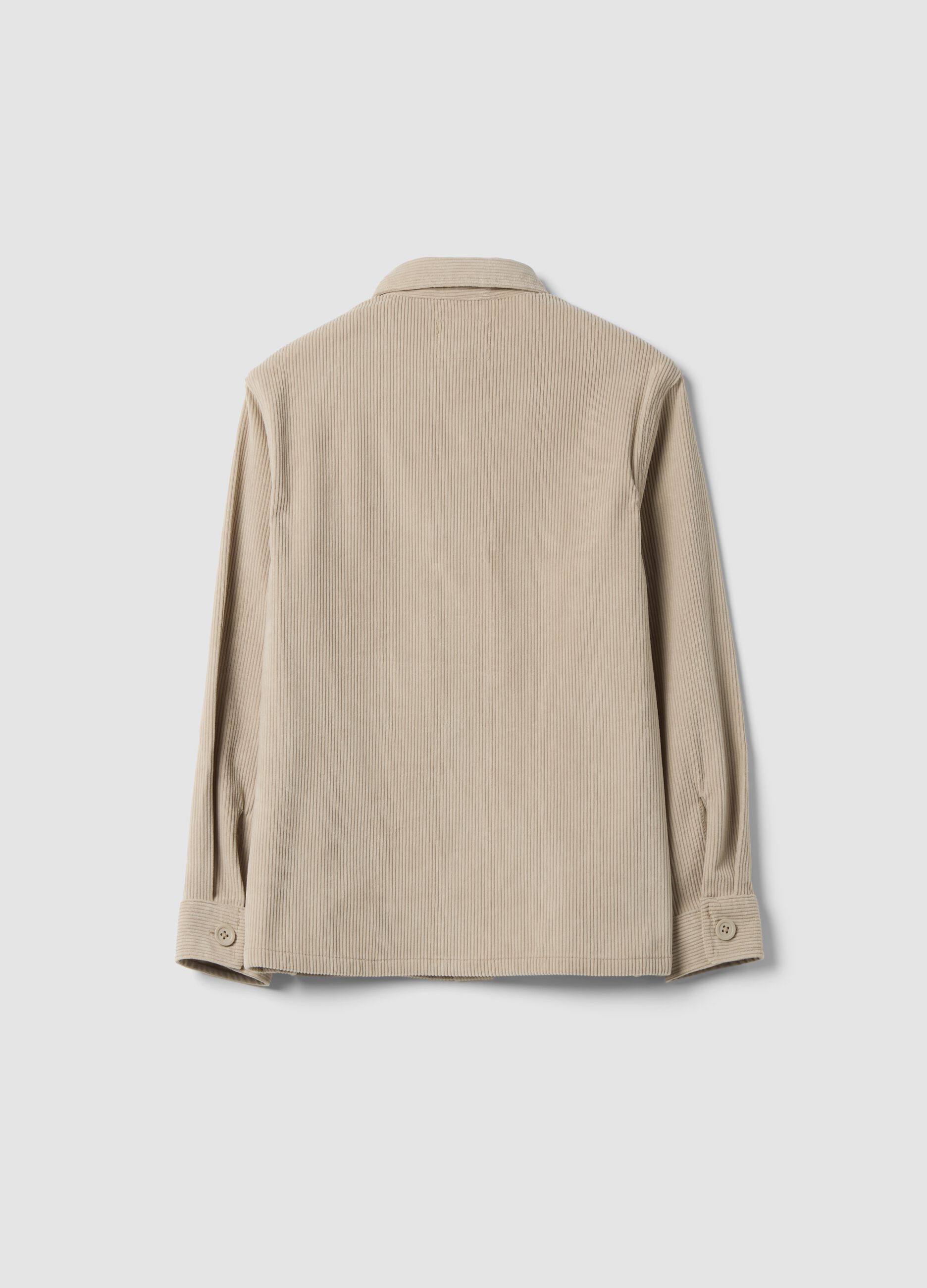 Beige ribbed shirt with buttons and chest pocket