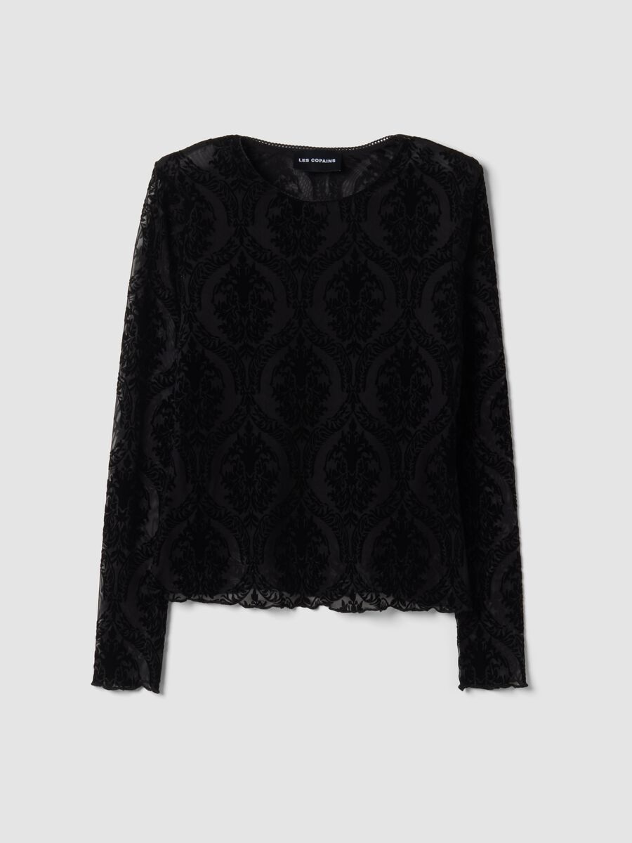 Black regular-fit T-shirt in sheer stretch fabric with pattern_0