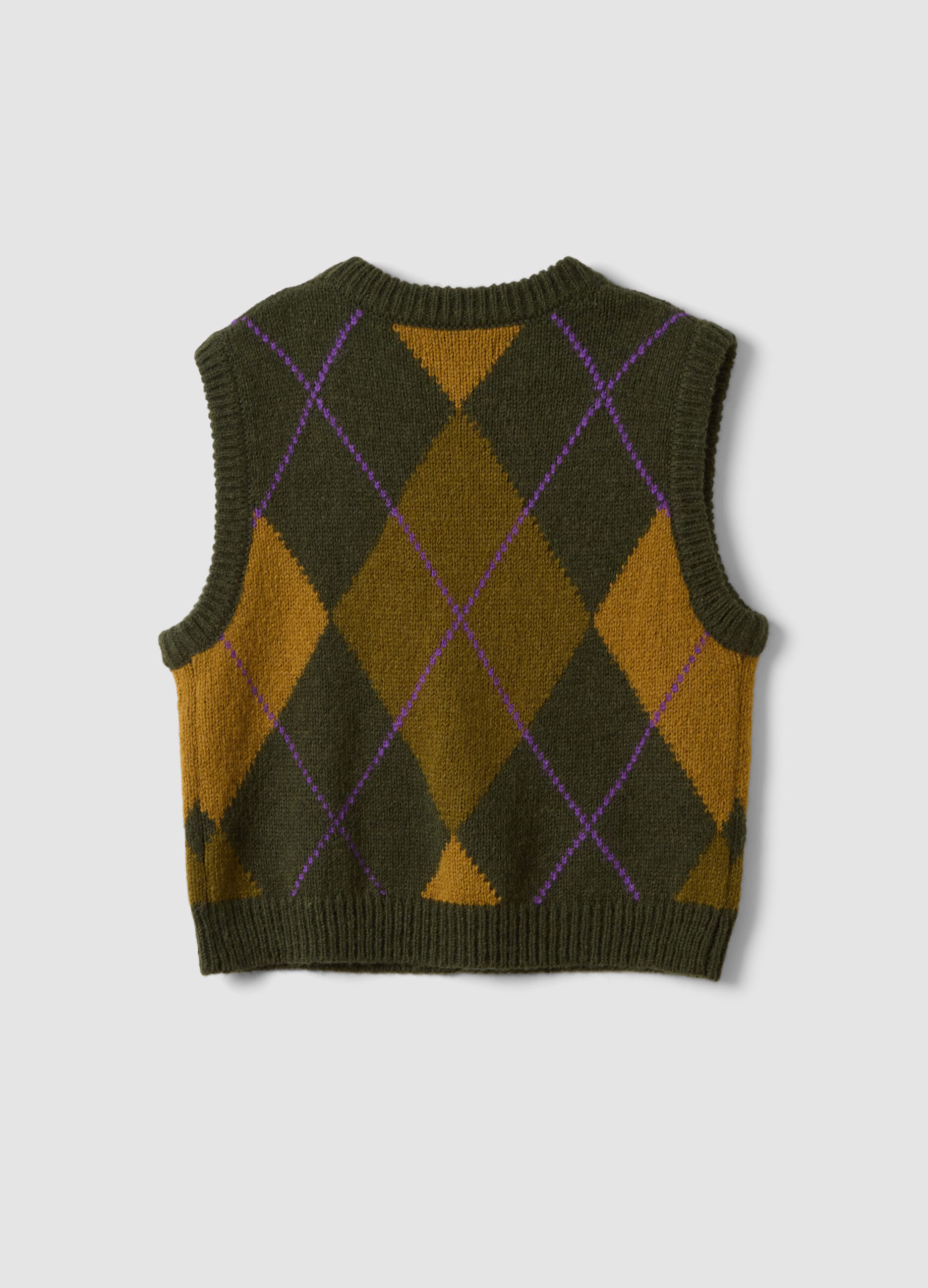 Green jacquard wool-blend crew-neck gilet, regular fit