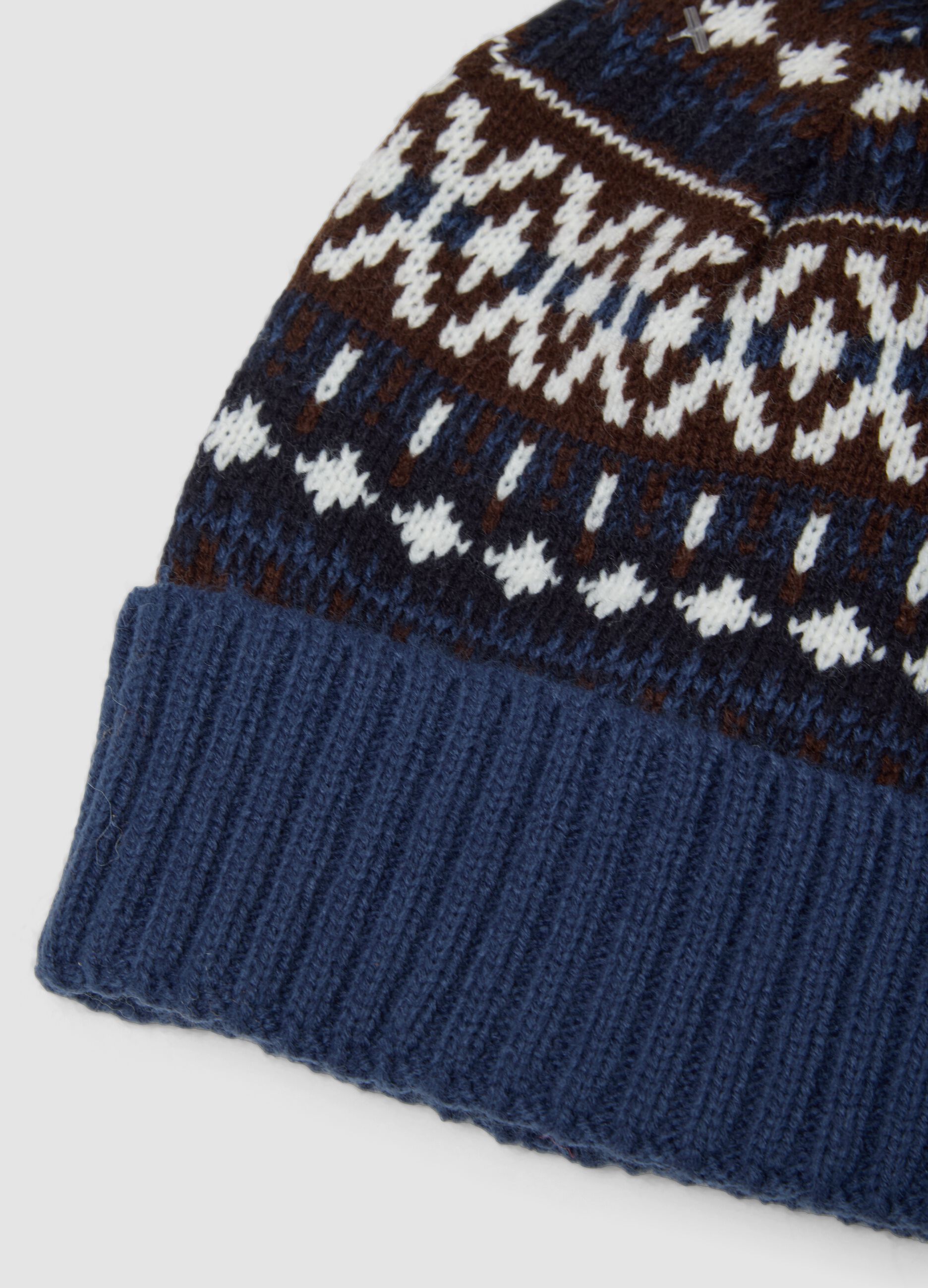 Navy blue jacquard knit beanie with turn-up