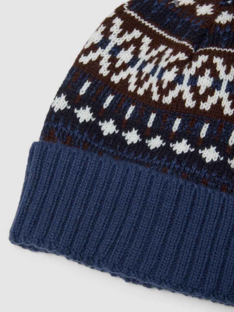 Navy blue jacquard knit beanie with turn-up_1
