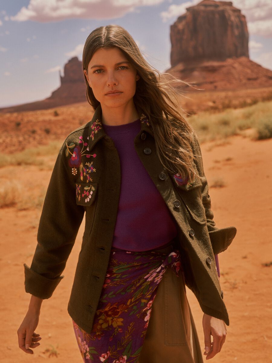 Brown wool-blend blazer with floral embroidery_0