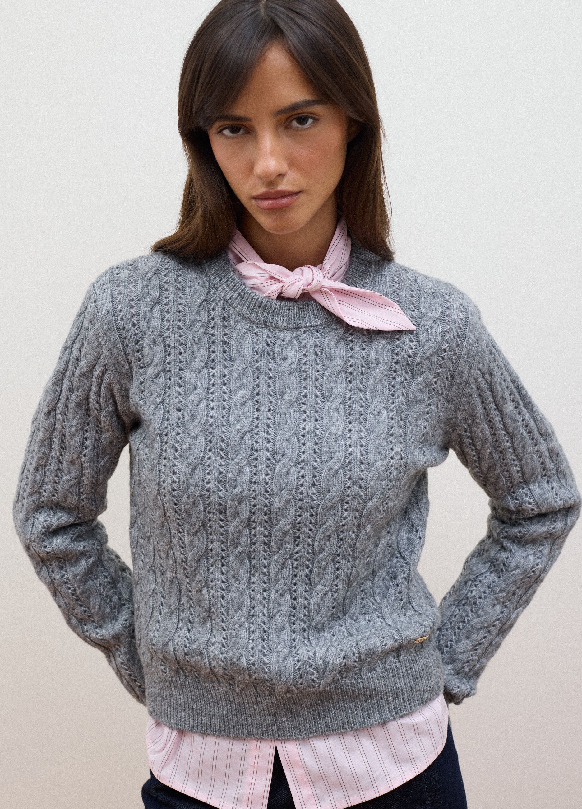 Grey crew-neck cable-knit wool-blend jumper, regular fit