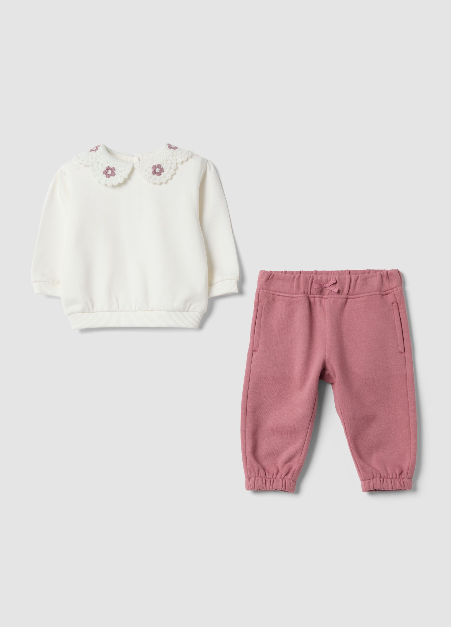 Pink two-piece set in pure organic cotton with crochet collar