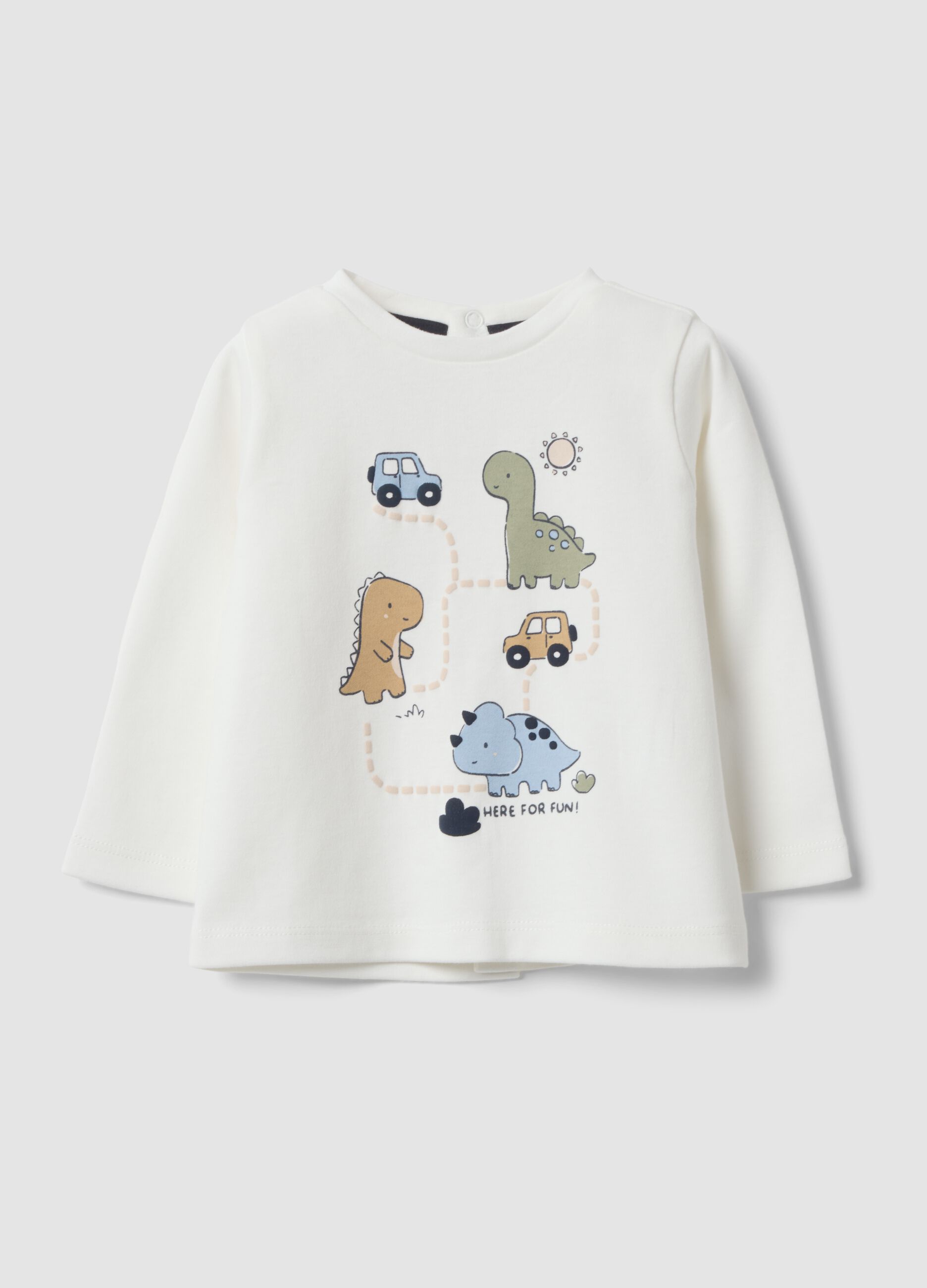 White organic cotton baby T-shirt with dinosaur print