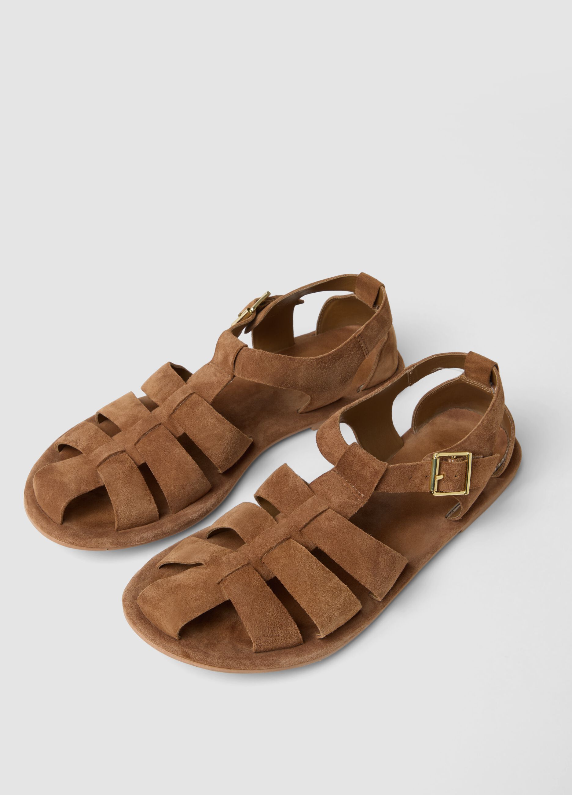 Brown flat genuine leather sandals with buckle