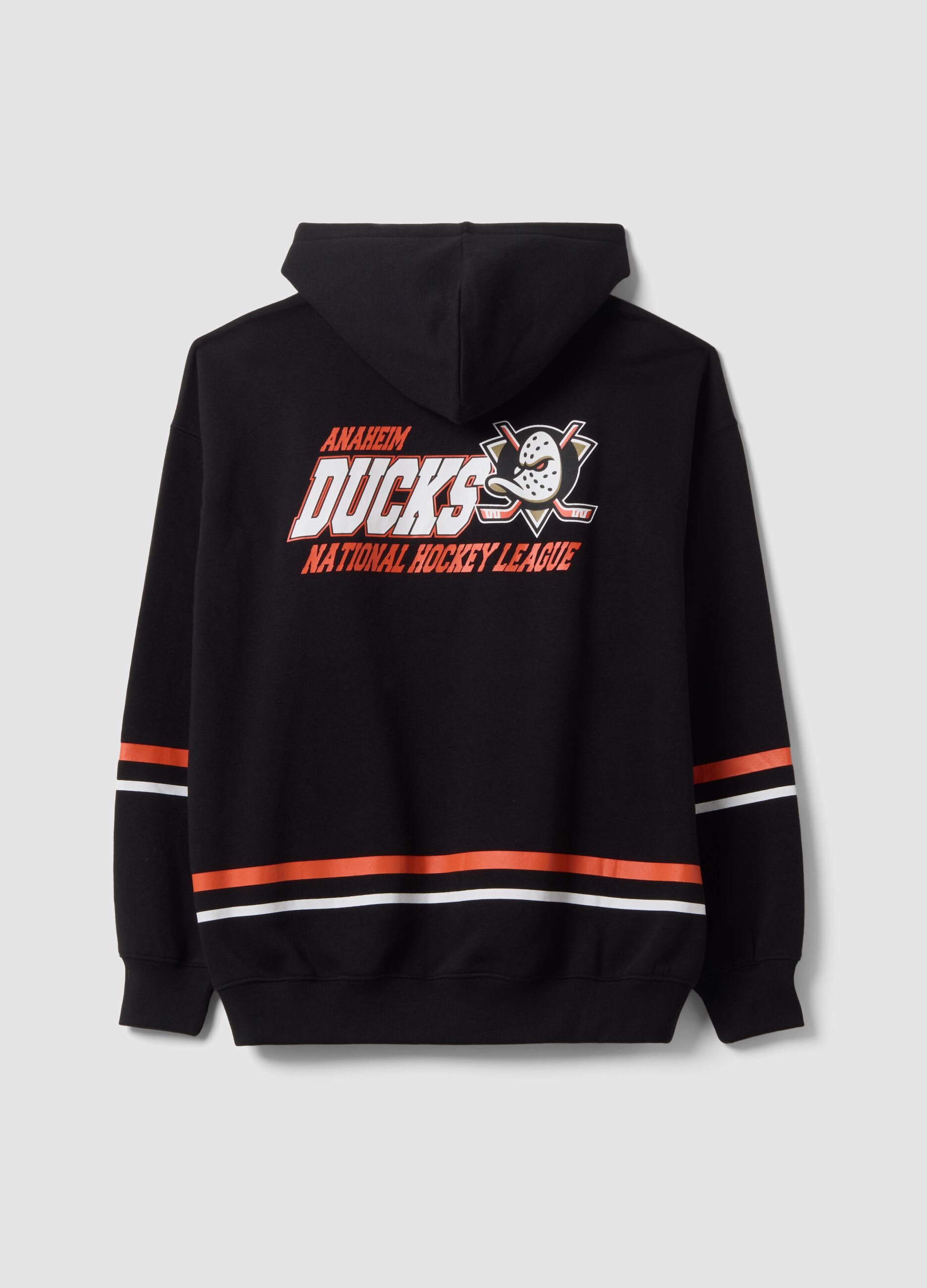 هودي أسود بقبعة من مزيج القطن بطبعة Anaheim Ducks