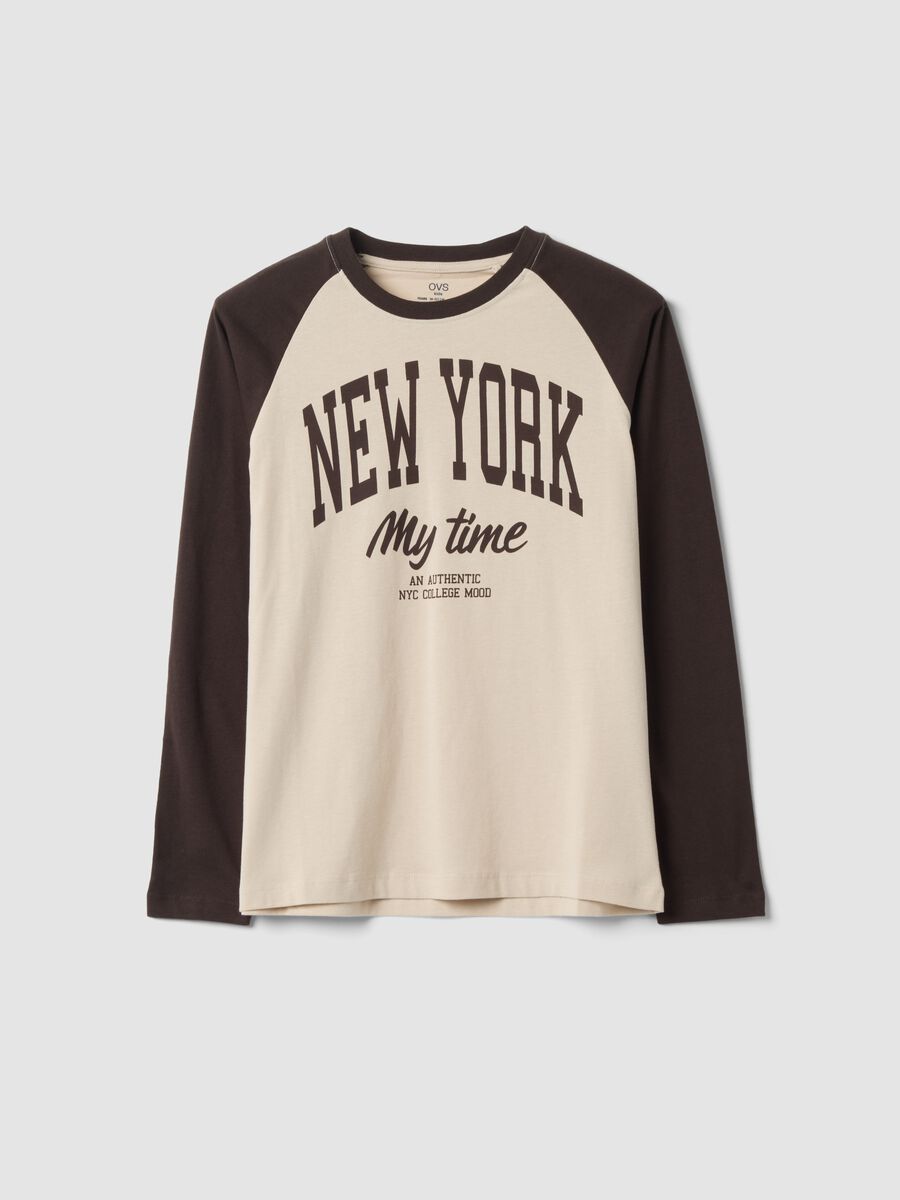 Beige long-sleeve crew-neck T-shirt in pure cotton_0