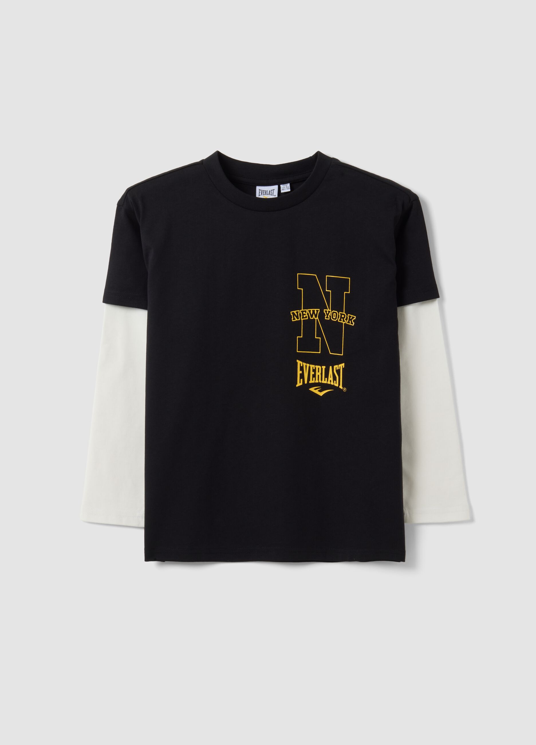 Black regular-fit pure cotton T-shirt with double sleeves and print for boys