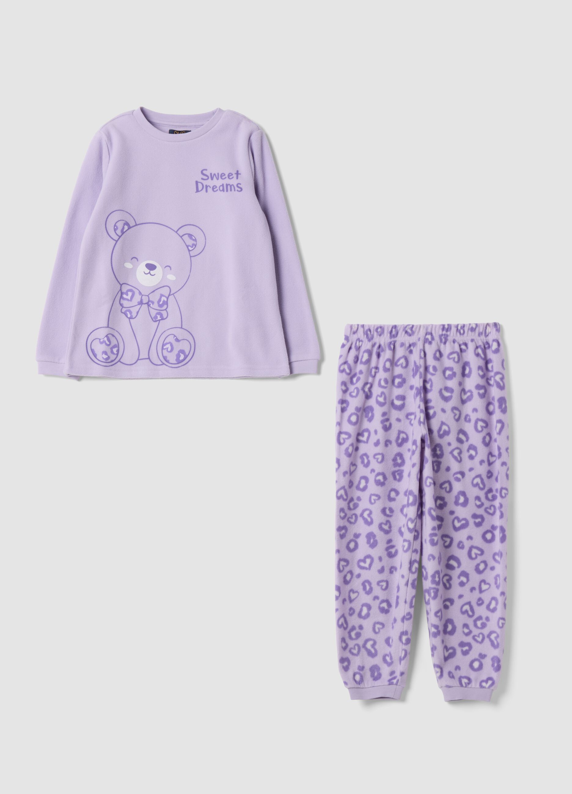 Lilac purple crew-neck pyjamas with teddy bear print