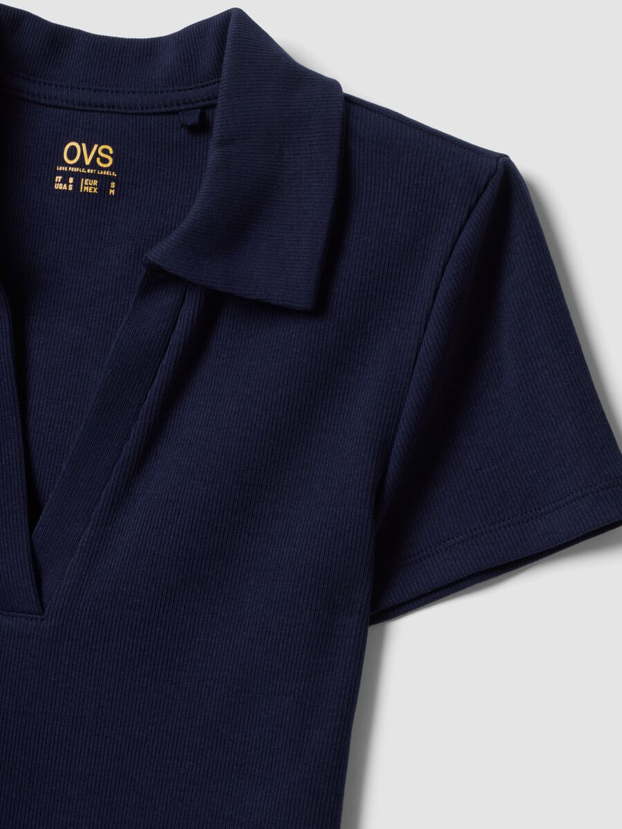 Blue stretch cotton polo shirt with open V-neck, regular fit_6