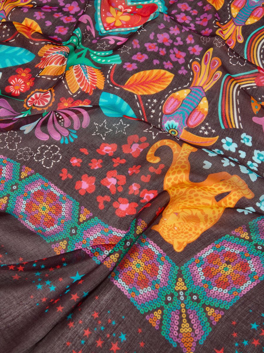 Brown pure viscose scarf with printed design_1