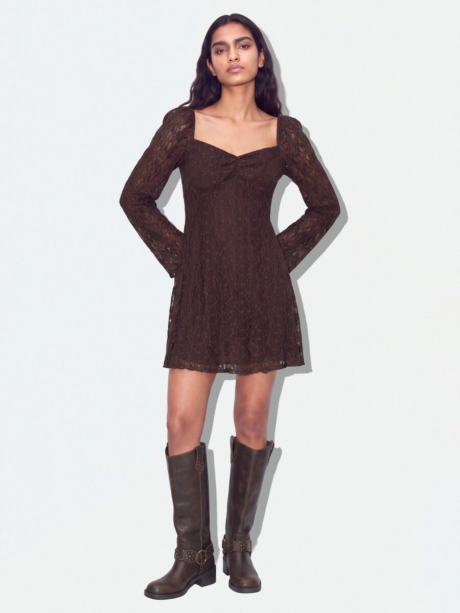Brown stretch-fabric dress with deep V-neck, regular fit_0
