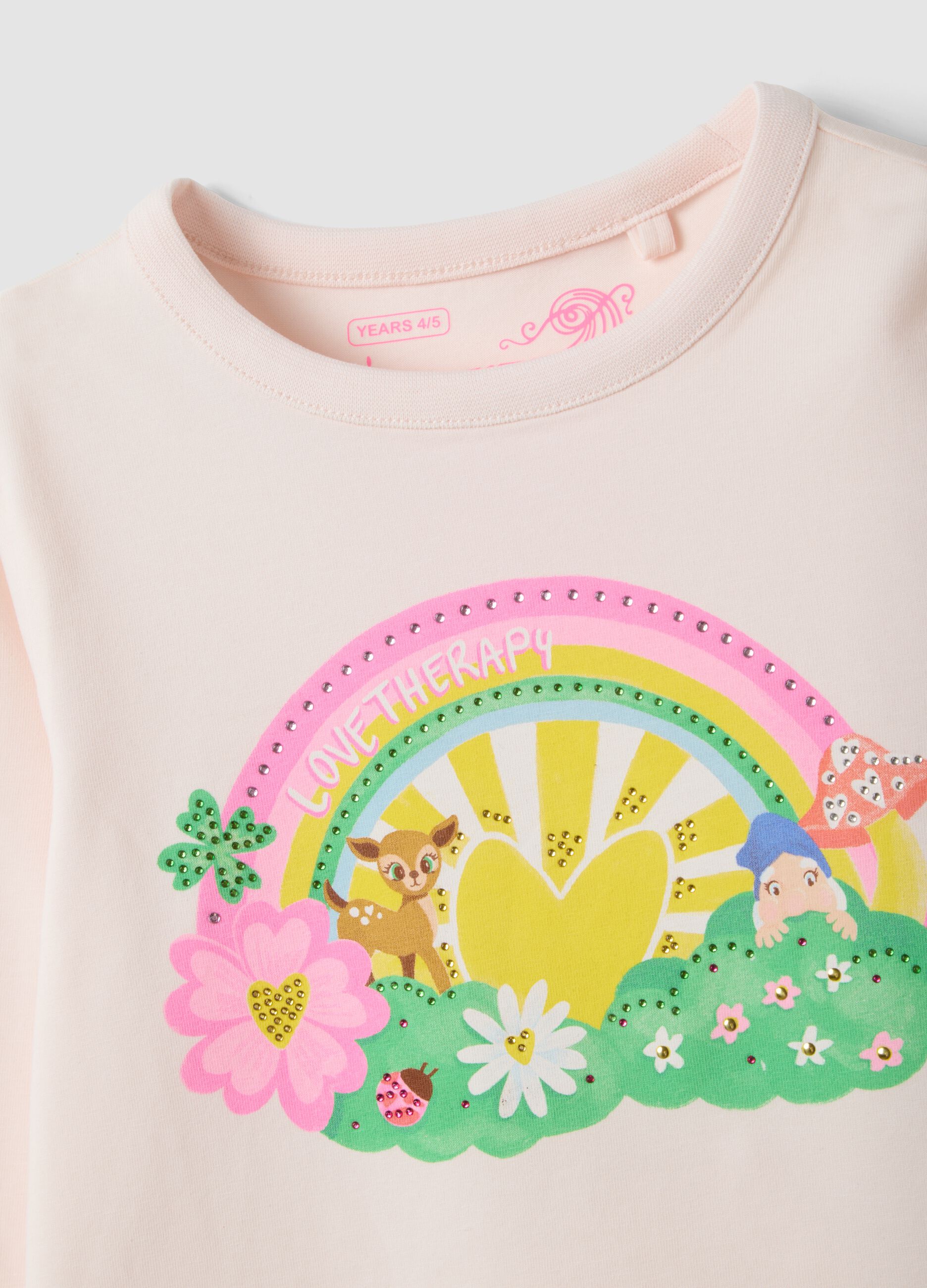 Pink stretch cotton T-shirt with rainbow print