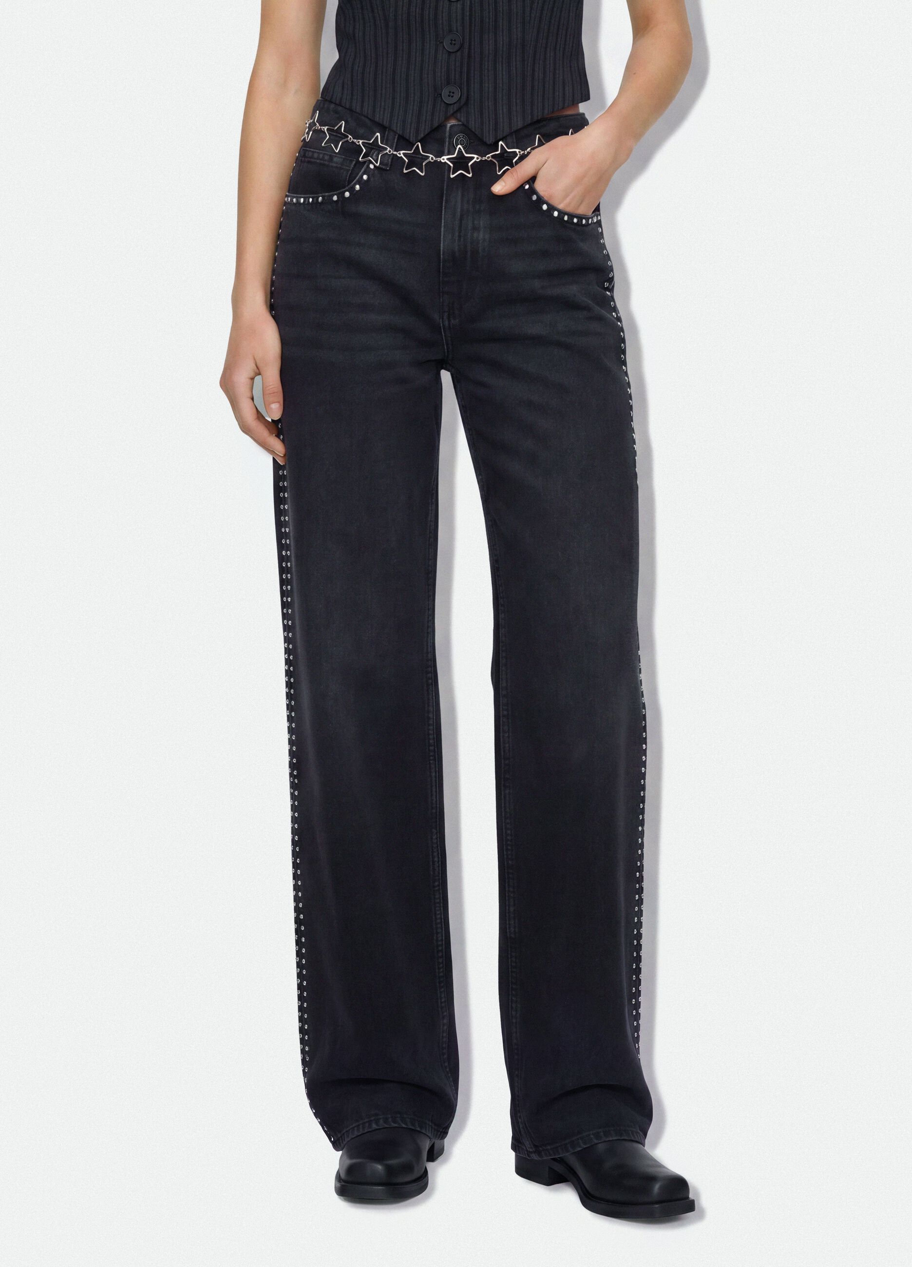 Black pure cotton wide-leg jeans with studs