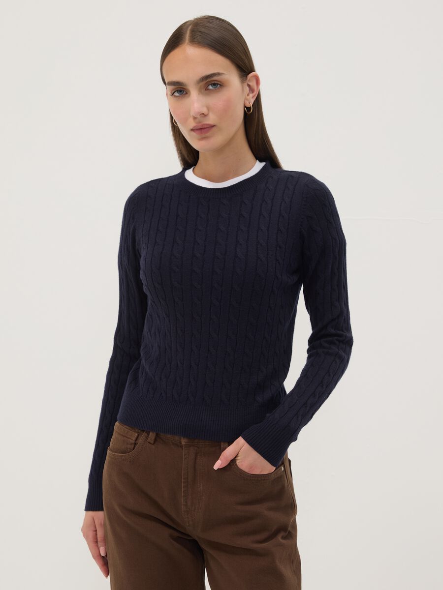 Navy cable-knit crew-neck jumper, regular fit_1