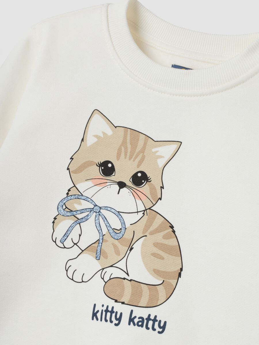 White pure cotton jogging set with kitten print_3