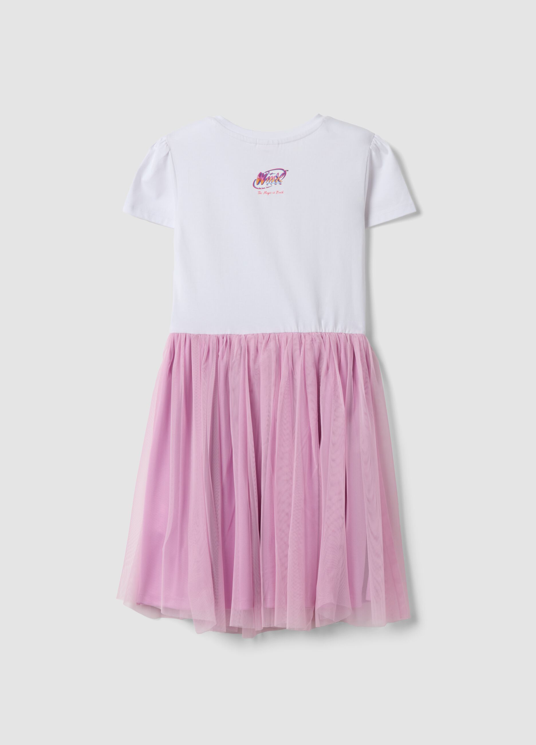 Pink and white stretch-cotton mini dress with tulle skirt for girls, regular fit