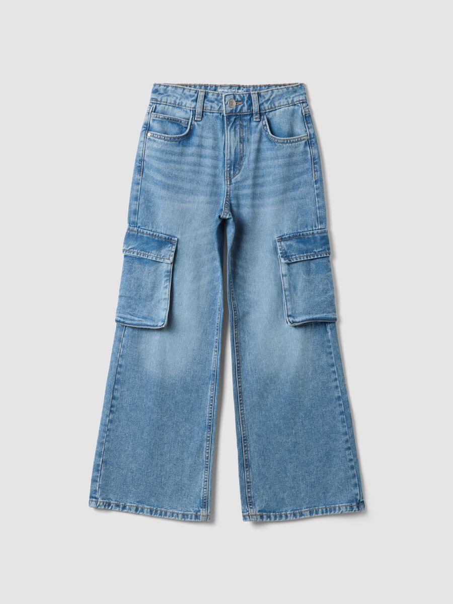 Light blue pure cotton denim cargo jeans, relaxed fit for girls_0