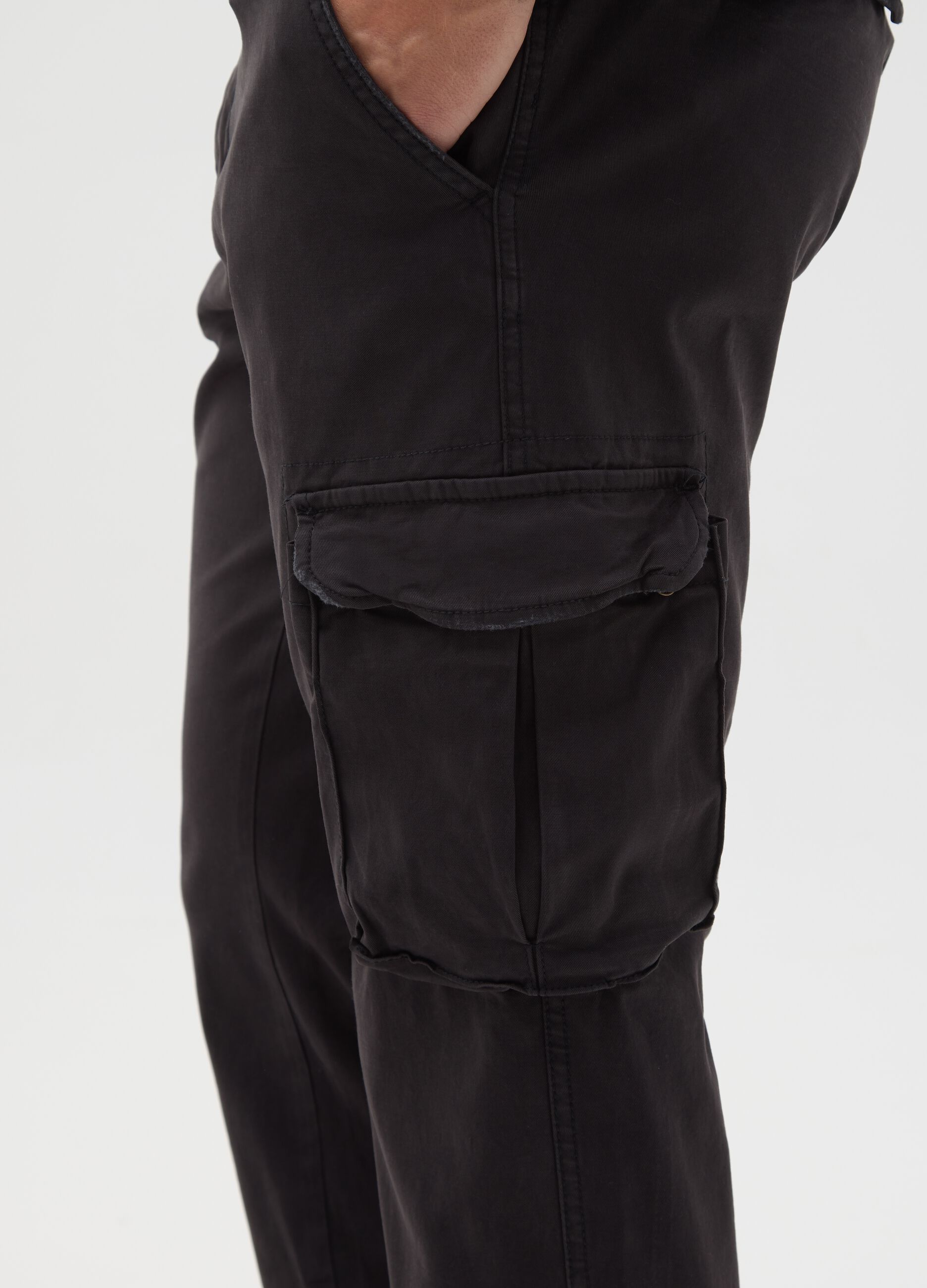 Black Stretch Cotton Slim Fit Cargo Trousers