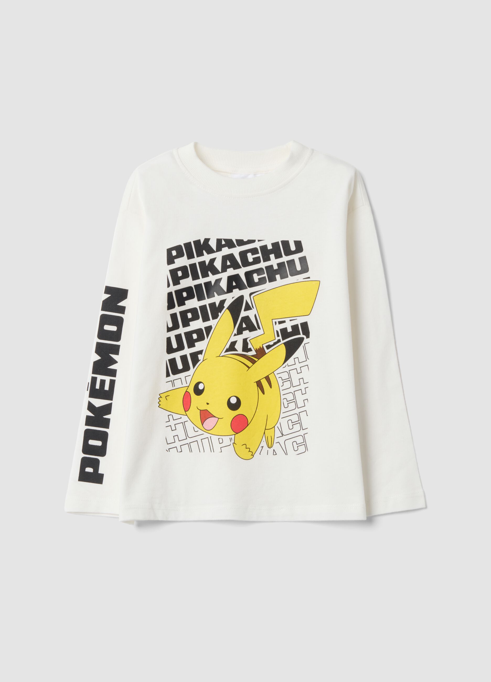 Cream White Pure Cotton T-shirt with Pikachu Print, Regular Fit