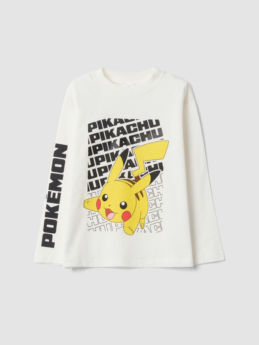 Cream White Pure Cotton T-shirt with Pikachu Print, Regular Fit_0