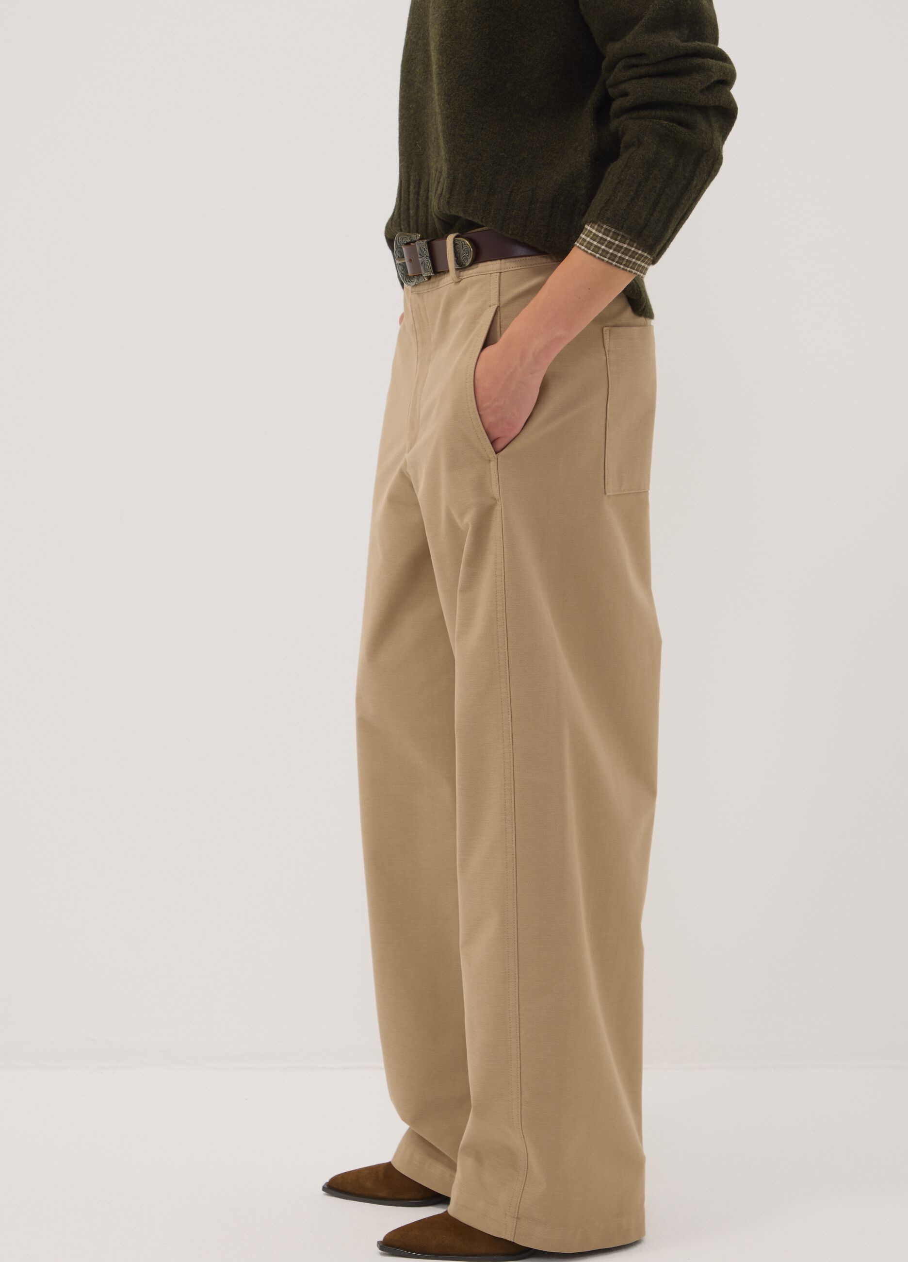 The Iconic Pants beige stretch cotton-blend barrel-fit trousers