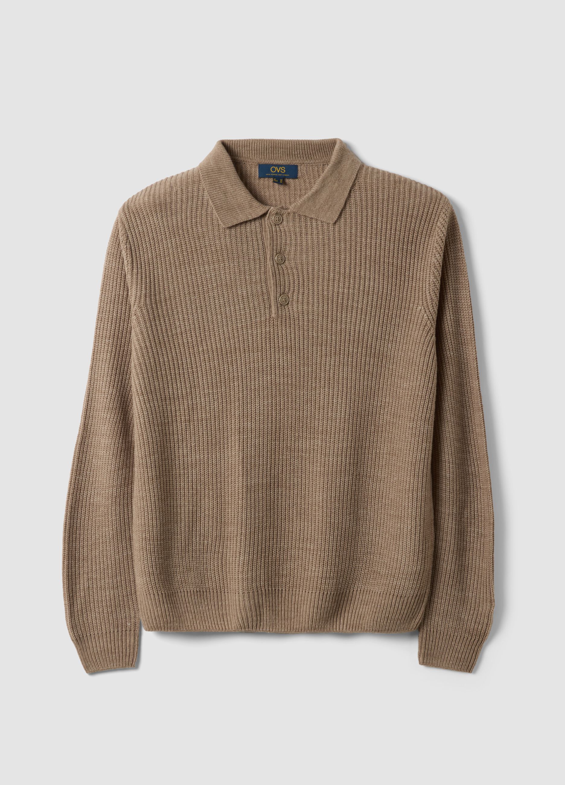 Beige long-sleeved ribbed knit polo shirt