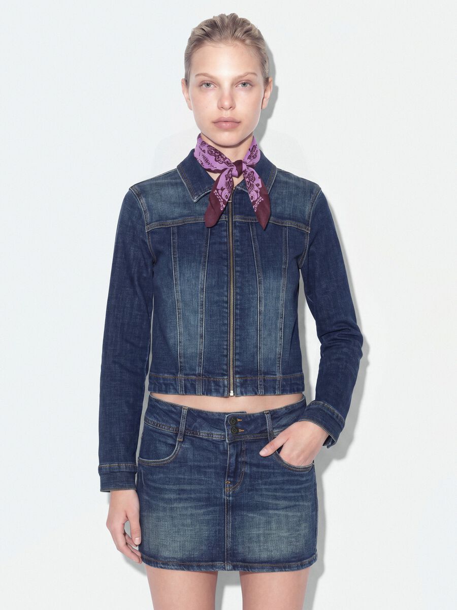 Blue slim-fit stretch cotton denim jacket with zip_0