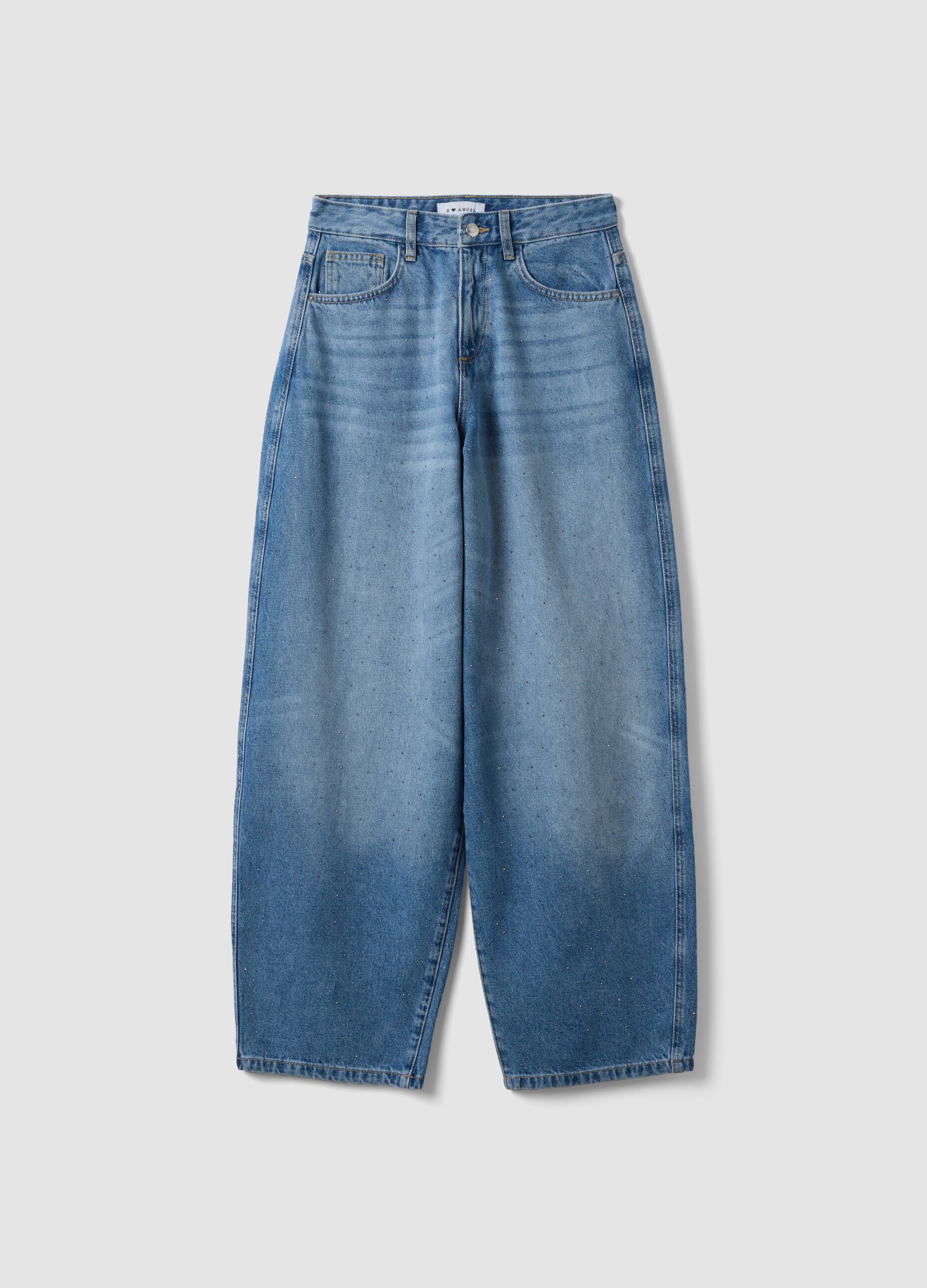 Blue pure-cotton skater-fit jeans with rhinestones