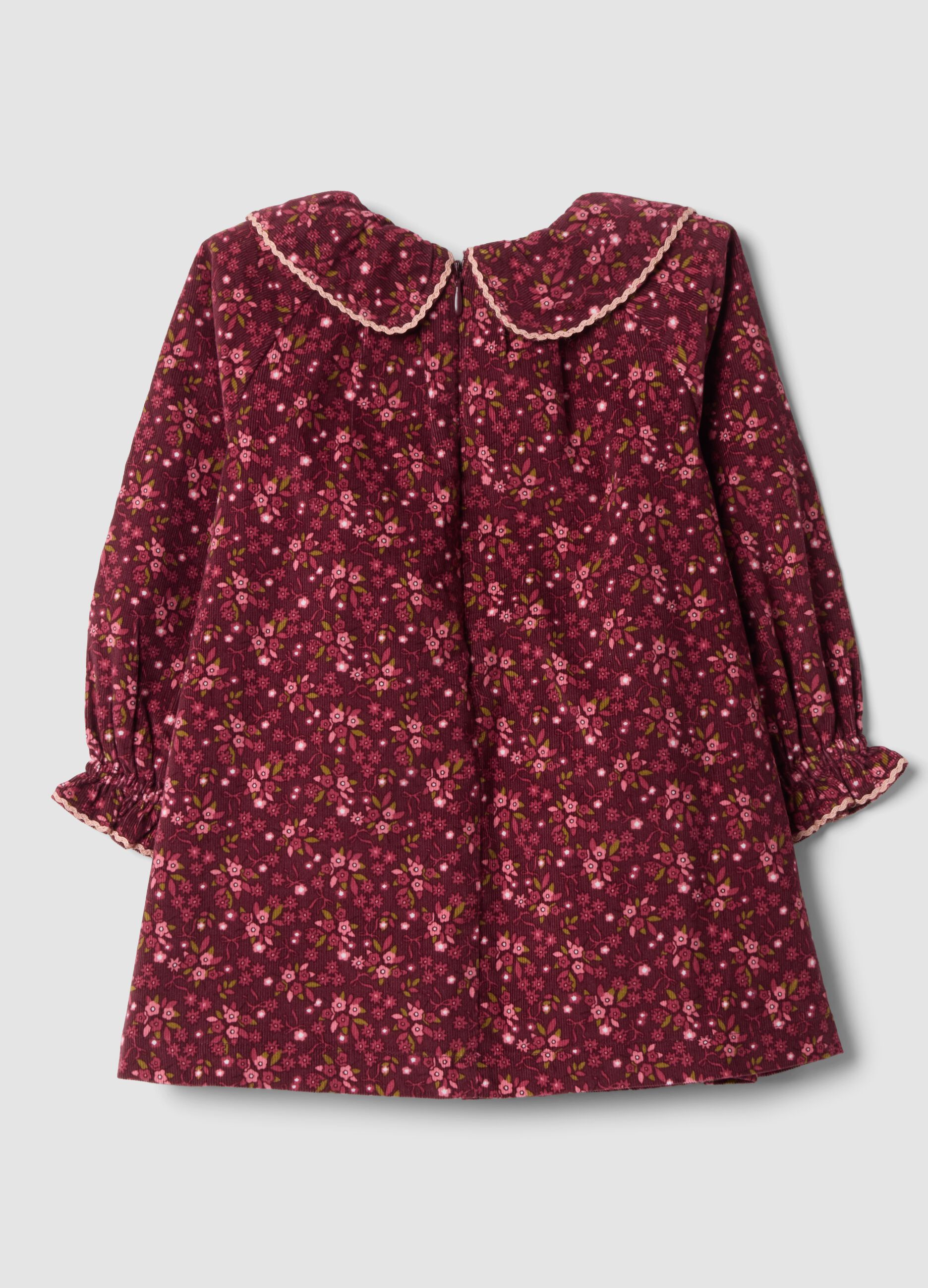 Burgundy red floral pure cotton crew-neck dress, regular fit