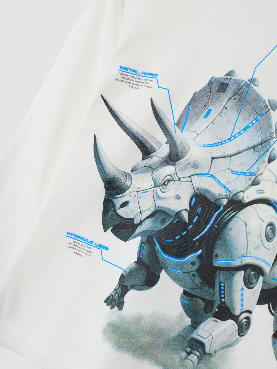 White crew-neck T-shirt in pure organic cotton with dinosaur print_3