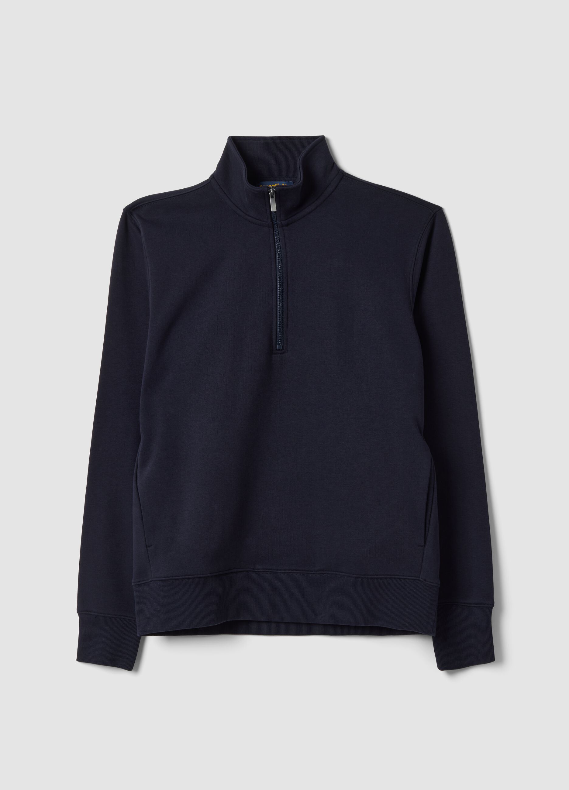 Blue cotton-blend half-zip sweatshirt with crew neck