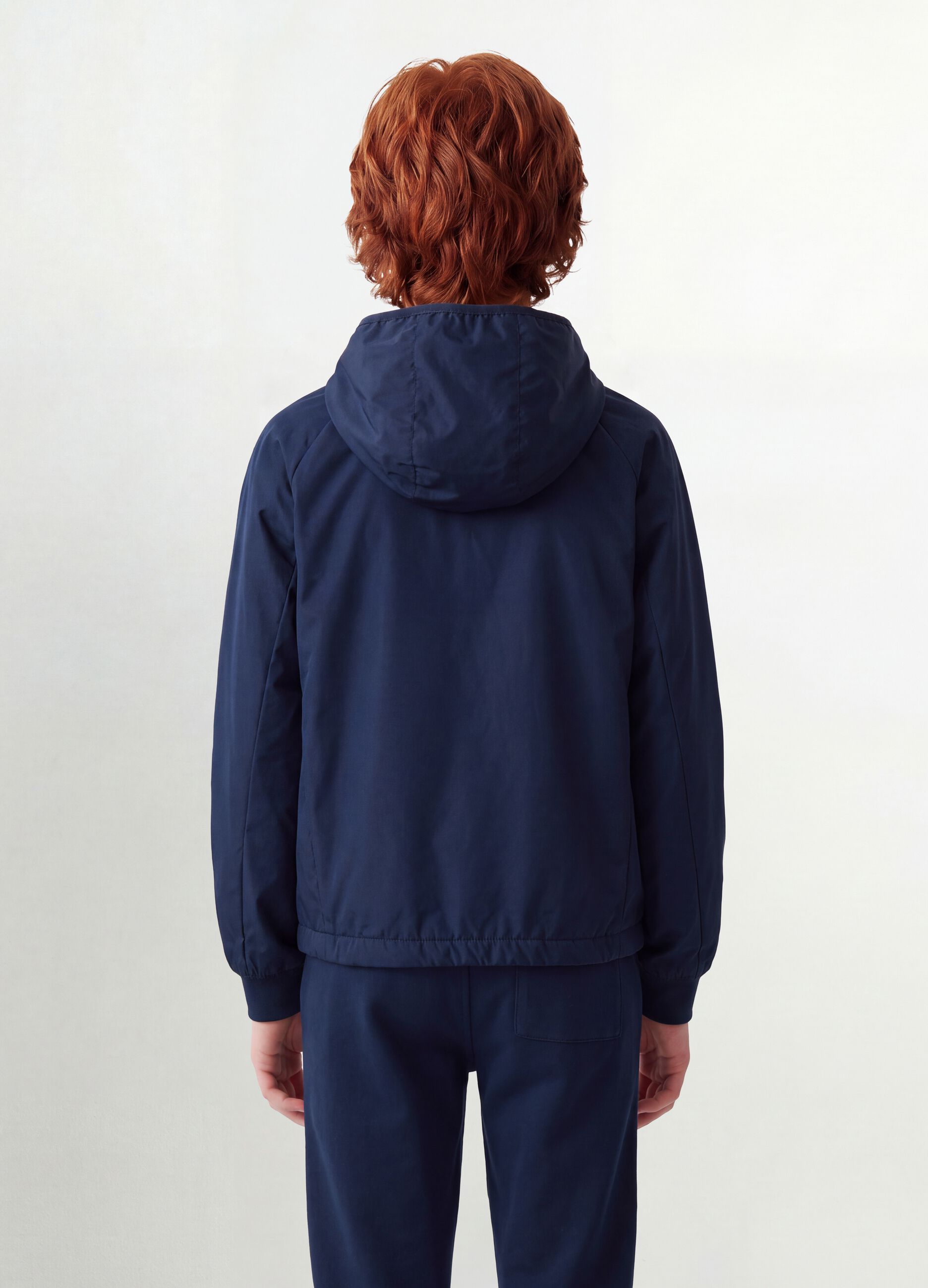 Blue boys&rsquo; rain jacket with hood and zip