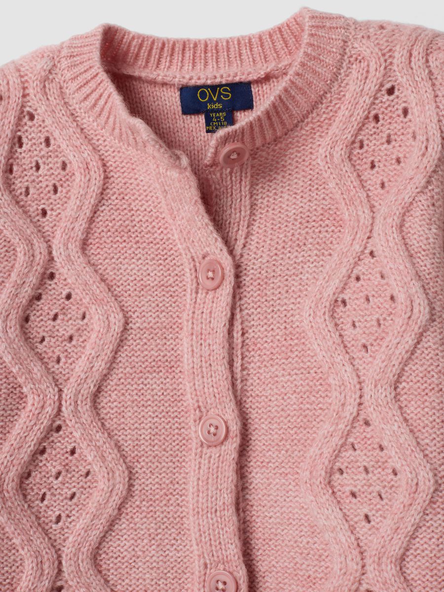 Pink crew-neck openwork knit cardigan_2