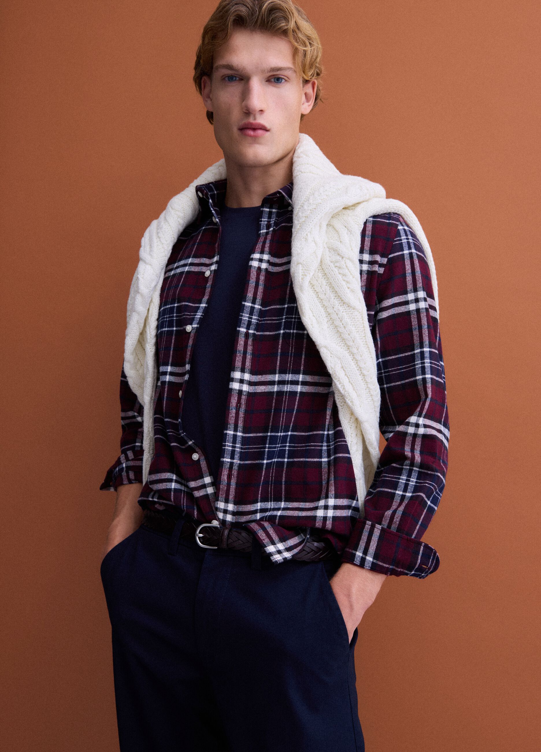 Red and blue checked pure cotton flannel shirt, regular fit