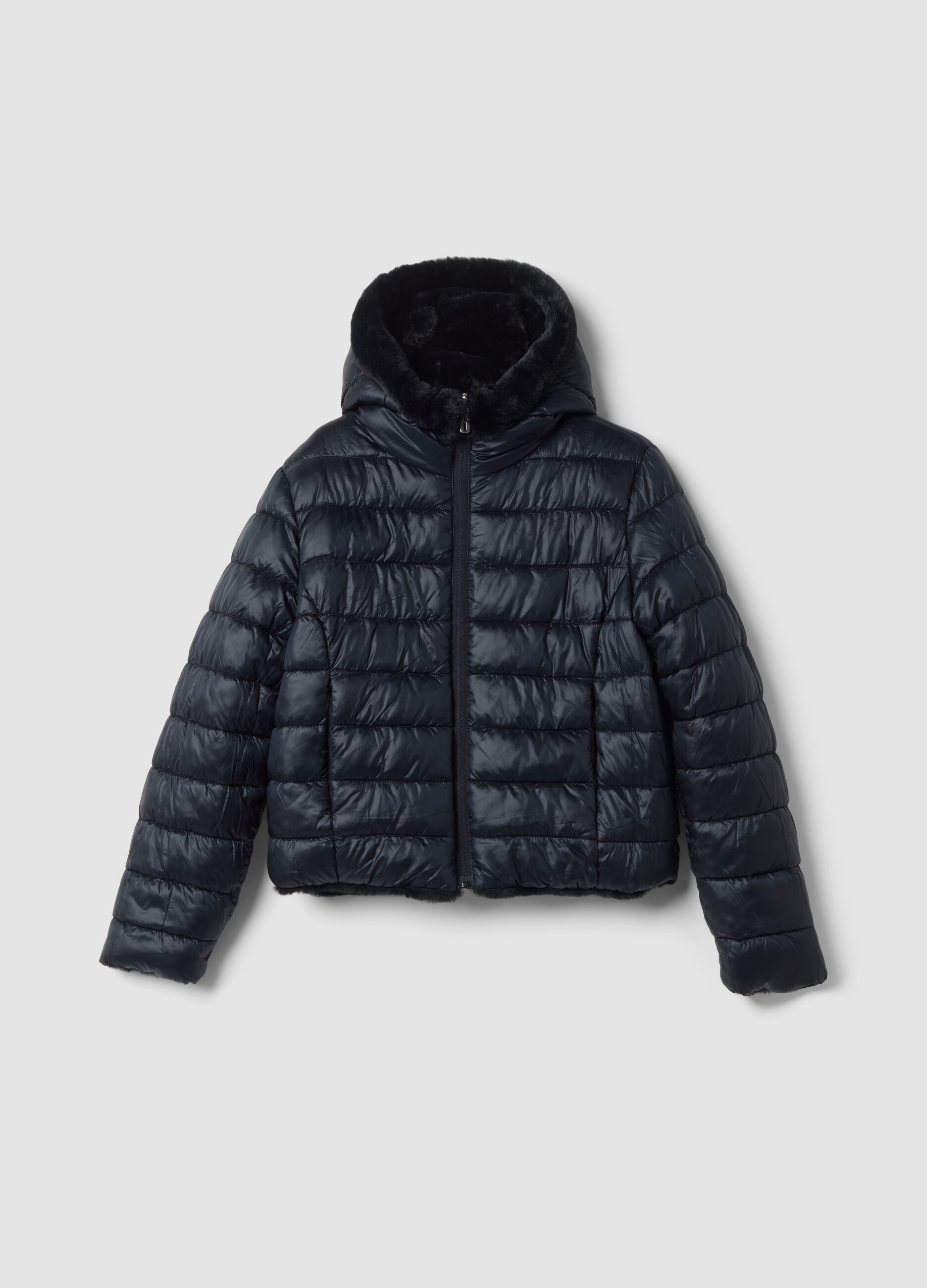 Black reversible padded jacket with hood and zip