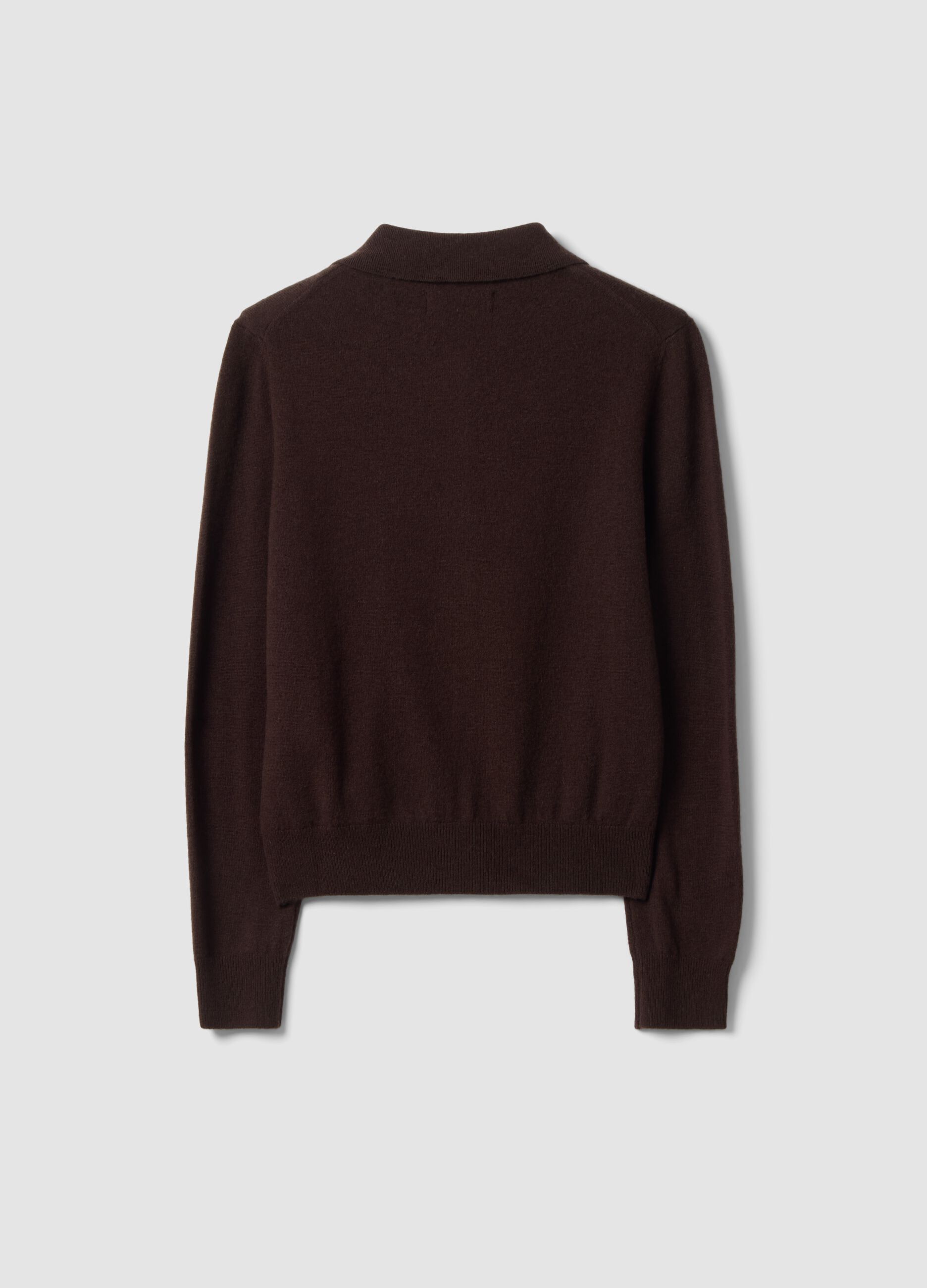 Brown pure wool cardigan with polo collar, regular fit