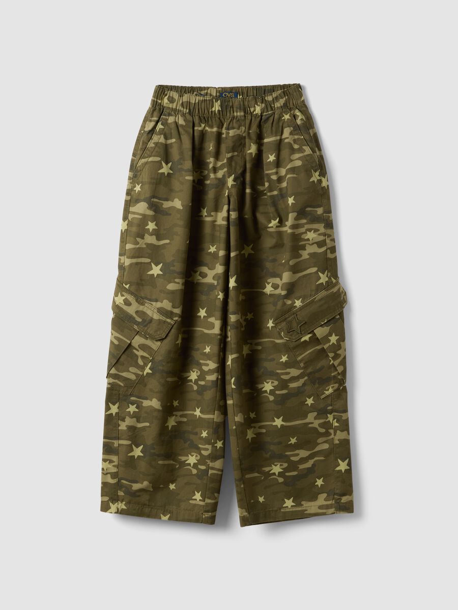 Green pure cotton wide-leg trousers with camo print_0