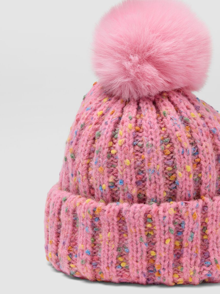 Pink rib-knit hat with pompom_2