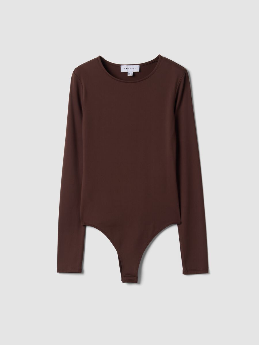 Brown stretch fabric fitted crew-neck bodysuit_0