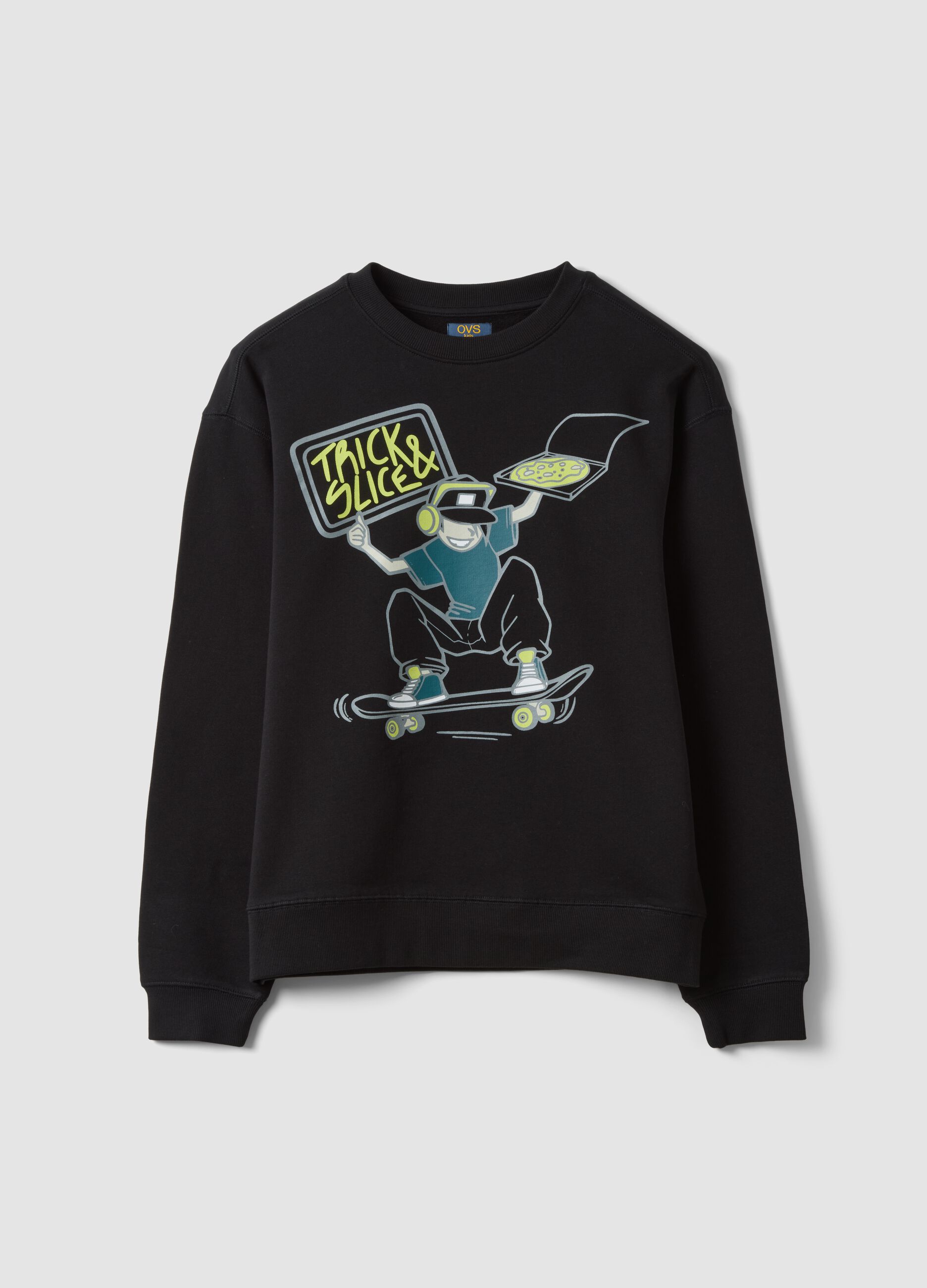 Black pure cotton crew-neck sweatshirt with print