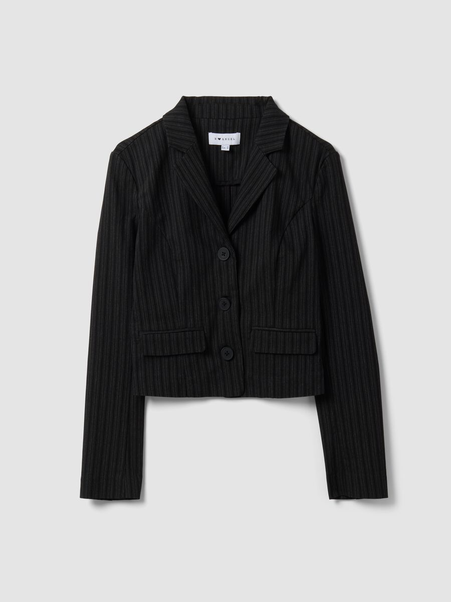 Black cropped stretch viscose blazer with classic lapels, slim fit_0